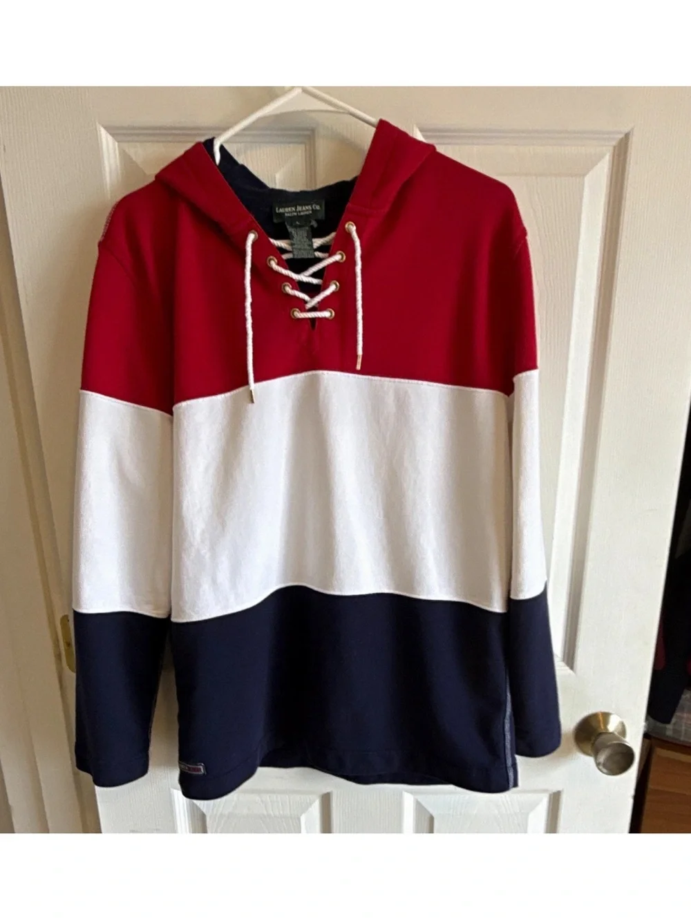 Ralph Lauren Red White Navy Lace-Up Colorblock Hoodie